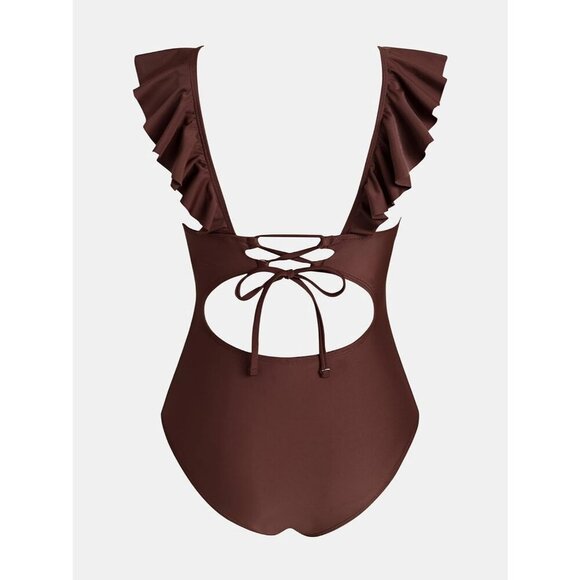 Women's Brown Ruffled One Piece Swimsuit V Neck Lace Up - Picture 9 of 9